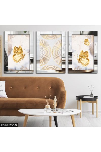 Evinemoda Pictură din plexiglas înrămată cu fluturi aurii, 3 bucăți