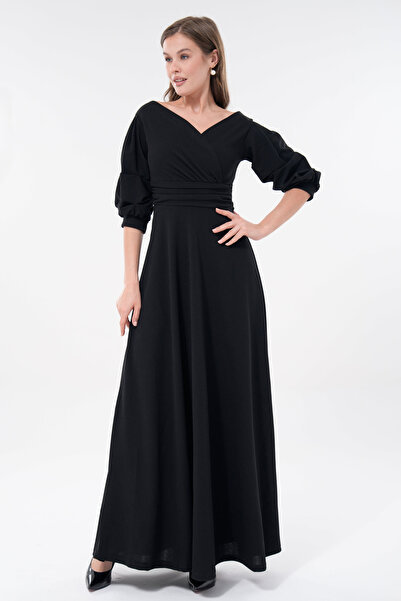 WOMAN VISION Kadın Siyah Kadın Krep Kumaş Kruvaze Yaka 3/4 Kol Tasarım Maxi E...