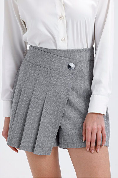 Abay Pileli Çizgi Desen Marka Şort Etek