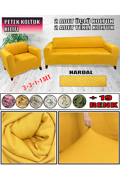 KILIFSAN Petek Kumaş 2 Adet Üçlü Çekyat- 2 Adet Tekli Koltuk Kılıfı Seti