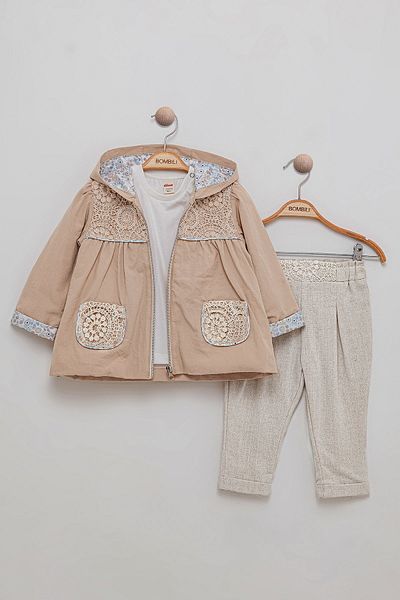 Bombili Lace Detailed 3-Piece Baby Girl Set with Hood and Elastic Waist