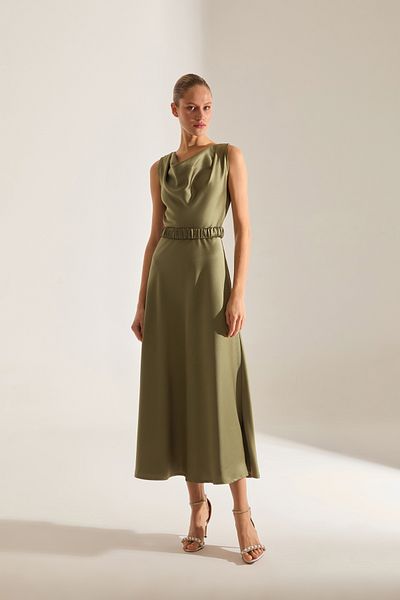 BETTY & SAM Marina Sleeveless Degaje Neckline Flared Hem Khaki Engagement Dress