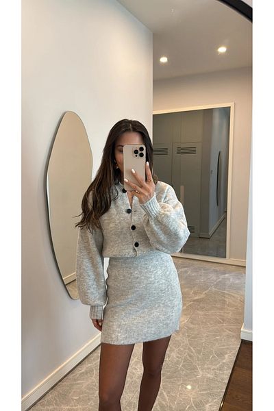 My Blog Gray Cardigan Skirt Set - 00377