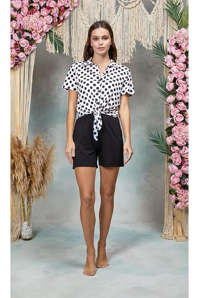 Doreanse Women's Black and White Polka Dot Shorts Shirt Pajama Set 25Y4075