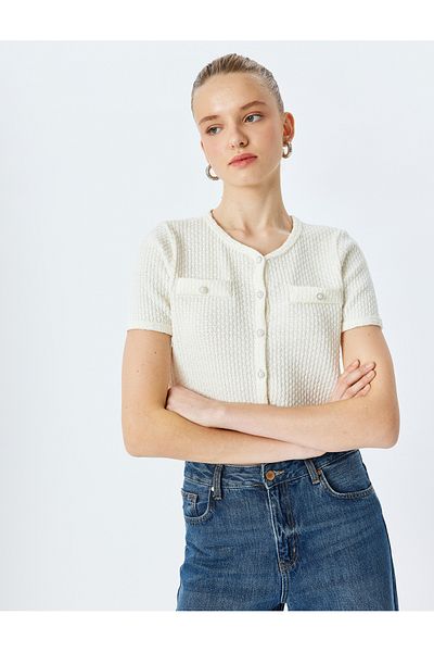Koton Buttoned Short Sleeve Pocket Detailed Crew Neck Knitwear Cardigan