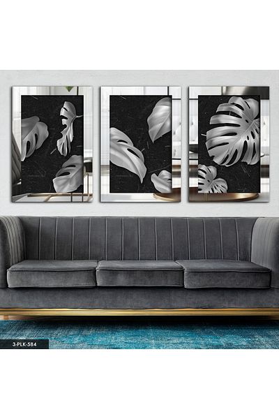 Evinemoda Pictură în oglindă din plexiglas cu frunze de argint 3 piese
