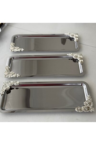 Elzemm store صينية عرض مستطيلة من الفولاذ مع 3 قطع من الملحقات الفضية المزدوجة