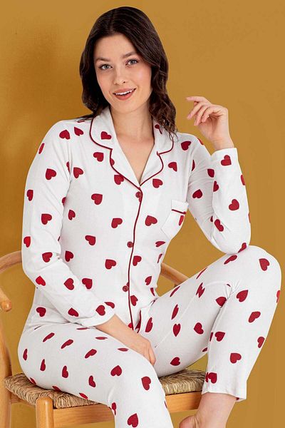 GRI MOR TEKSTIL Cămașă CU MODEL DE INIMĂ CU GULER DE BUSTURI SET DE Pijamale din piele intoarsa