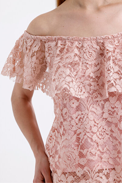 Sense Flounce Detailed Lined Lace Blouse |   Blz33454 Powder