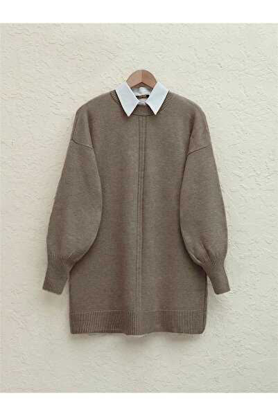 Modamorfo Soil Colored Crew Neck and Balloon Sleeve Stripe Soft Sweater