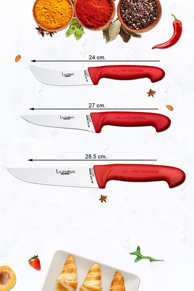 LAZBİSA Silver Series Kitchen Knife Set Onion Pastry Knife and Montessev Wooden Wooden Spoon Set (12 Pieces)