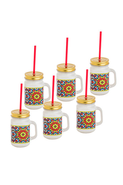 HIC Colored Glass Mug With Straw Set 450 ml 6 Pieces