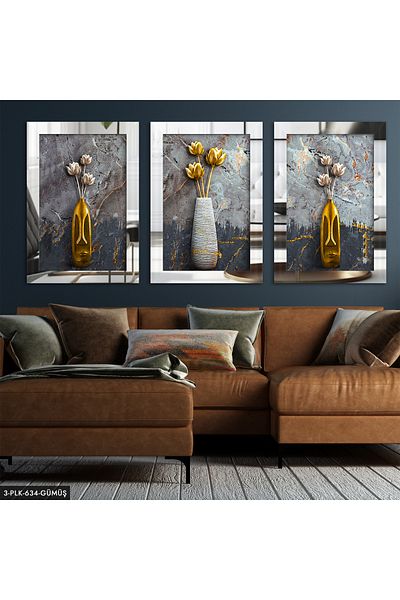 Evinemoda Flori într-o vază Fundal abstract 3 bucăți pictură înrămată din plexiglas cu oglindă