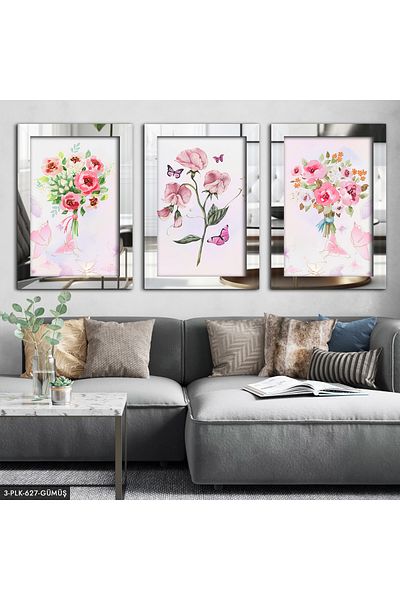 Evinemoda Buchet de flori Pictură înrămată cu oglindă din plexiglas din 3 bucăți