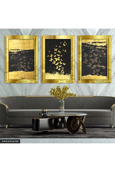 Evinemoda Gold Butterflies Gold Frame 3 piese de pictură cu oglindă din plexiglas