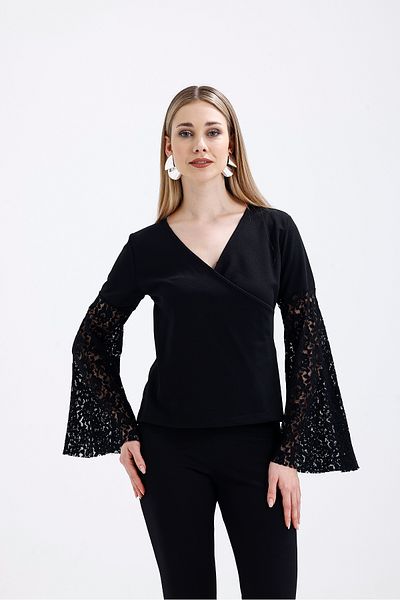 Sense Double Breasted Neckline Sleeves Tulle and Flounce Off the Shoulder Blouse |   Blz31446 Black