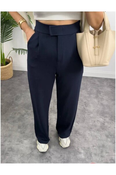 FEMİNEER.com Women's Knitted Fabric Palazzo Velcro Navy Blue Trousers