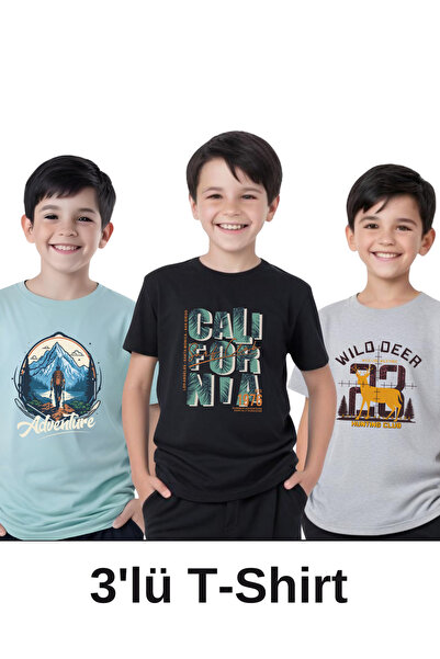 panios kids Pachet de 3 tricouri cu mânecă scurtă pentru băieți cu imprimeu A...