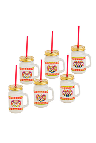 HIC Colored Glass Mug With Straw Set 450 ml 6 Pieces