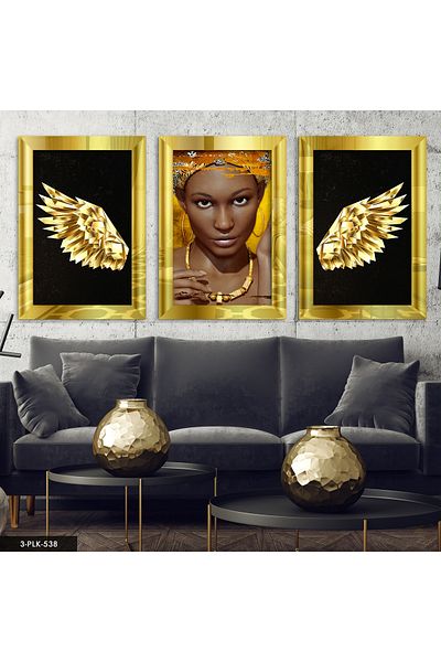Evinemoda Aripă de înger femeie africană aurie 3 piese pictură în oglindă din plexiglas