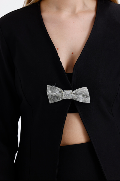 Sense Stoned Bow Detailed Evening Dress Skirt and Lined Jacket Set | Ecktk36066 Black