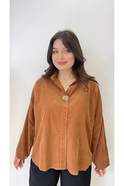 LADY RIVSD Deve Tüyü, %100 Pamuk, Düğme Detaylı, Kadife Gömlek, STD Beden/38-44