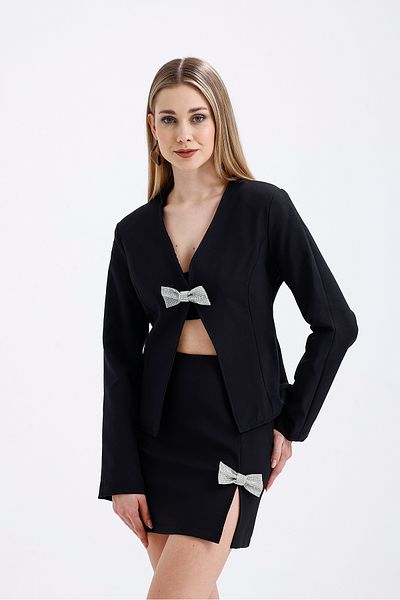Sense Stoned Bow Detailed Evening Dress Skirt and Lined Jacket Set |   Ecktk36066 Black