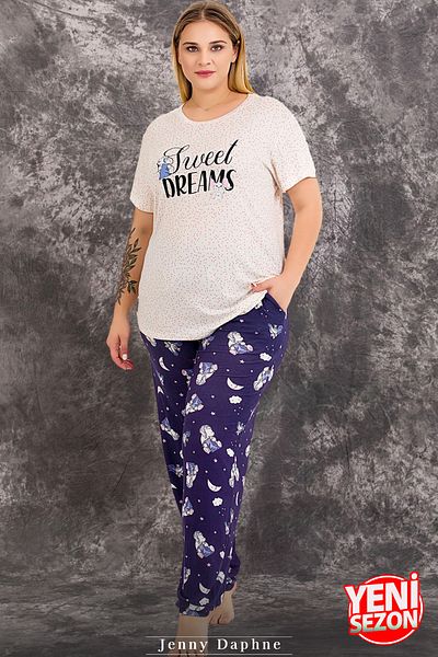 Jenny Daphne Set de pijamale cu mânecă scurtă cu imprimeu de noapte Lady Plus Size 10978