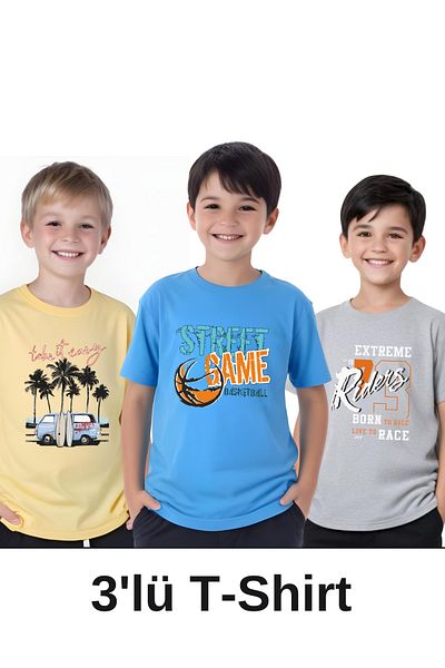 panios kids Pachet de 3 tricou cu mânecă scurtă cu imprimeu Take it-Street-Riders pentru băieți