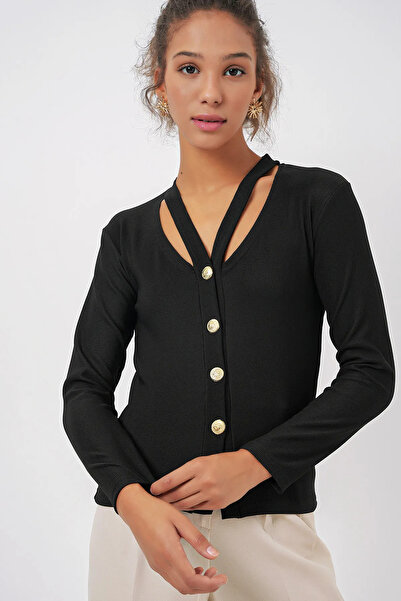 LE CARAMBOLE Women's Black Lapel Detailed V-Neck Buttoned Front Seasonal Knitted Cardigan