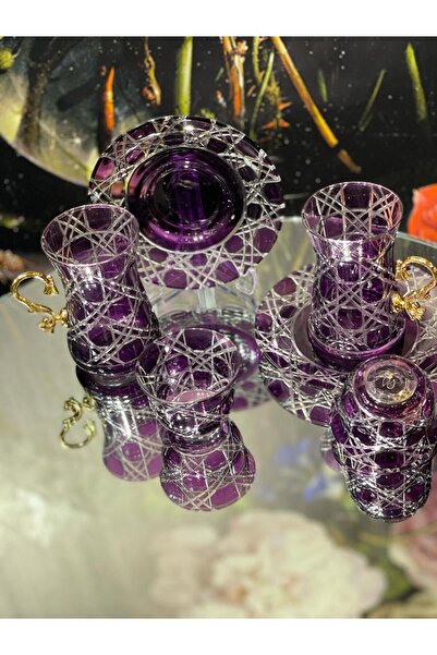 Lemm Home Ekose Kesme Kulplu 18 parça Çay Seti Mor