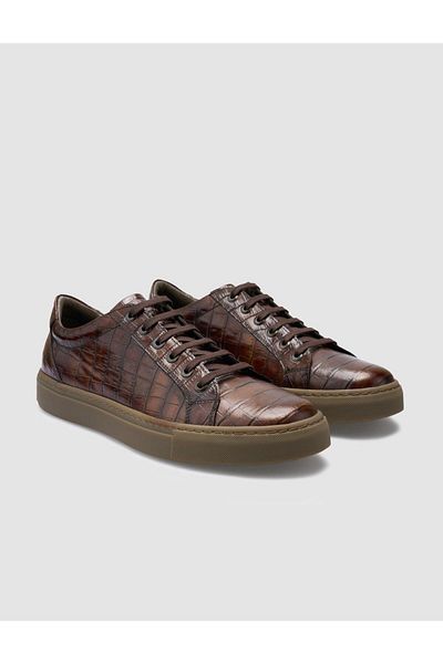 Cabani 100% Genuine Leather Brown Crocodile Men's Sneakers