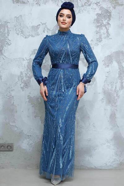 Neva Style Boncuk Işlemeli Indigo Mavisi Tesettür Abiye Elbise 47631ım