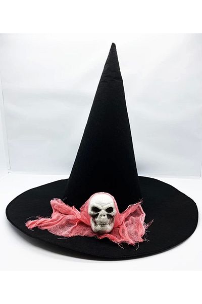 Belle Fusion Black Color Pink Veiled Skull Themed Witch Hat 35x38 Cm