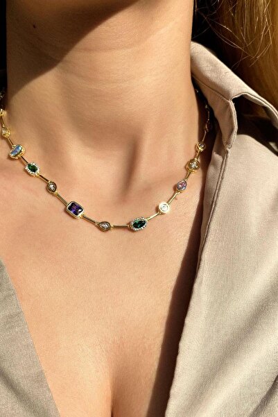 Spossy Silver Jewelry 925 Ayar Gümüş, 14 Ayar Gold, Mix/Renkli Baget Taşlı Ge...