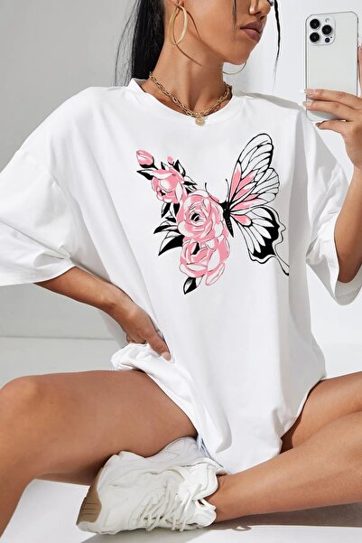 NO 601 Γυναικείο μπλουζάκι με στάμπα με λευκή πεταλούδα Trend Oversize