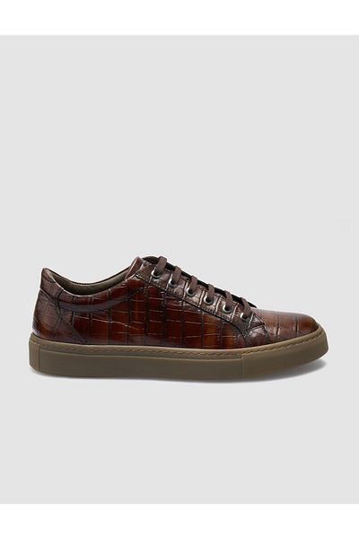 Cabani 100% Genuine Leather Brown Crocodile Men's Sneakers