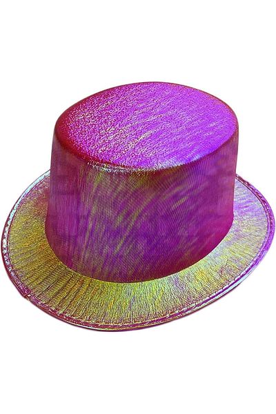 Belle Fusion Fuchsia Color Glittering Hologram Fabric Covering Trilby Top Hat Adult Size