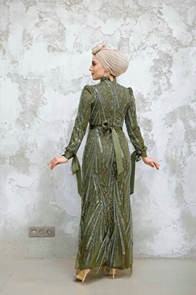 Neva Style Boncuk Işlemeli Haki Tesettür Abiye Elbise 47631hk