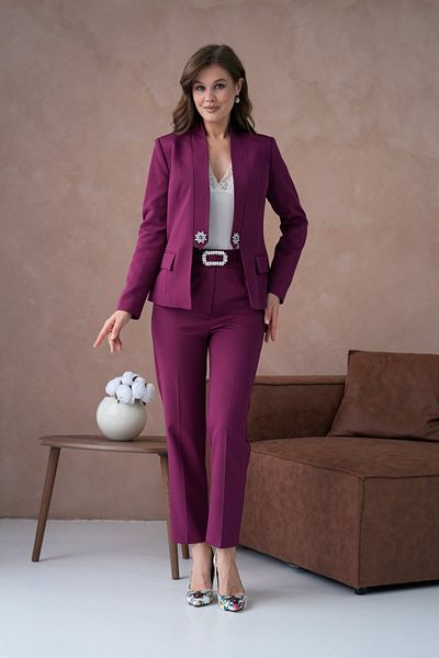 nodilife Plum Colorful Women's Suit with Judge Collar and Buckle Detail