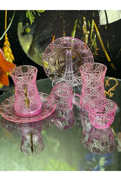 Lemm Home Ekose Kesme Kulplu 18 parça Çay Seti Pembe