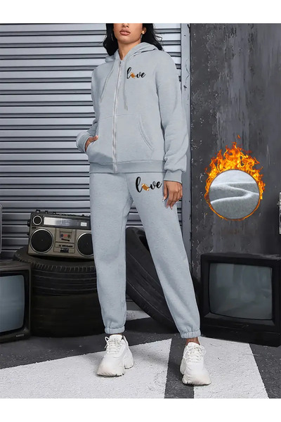 Pink Sky Women's Love Printed Hooded Zip-Up Sweatshirt Tracksuit Bottom-Top Set