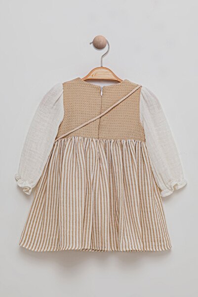 Bombili Floral Embroidered Collar Bag Striped Muslin Fabric Special Occasion Baby Girl Dress
