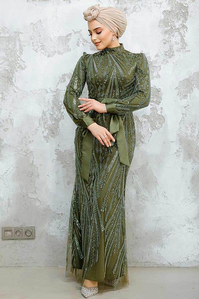Neva Style Beaded Khaki Hijab Evening Dress 47631Hk