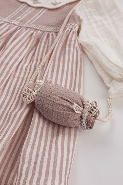 Bombili Floral Embroidered Collar Bag Striped Muslin Fabric Special Occasion Baby Girl Dress