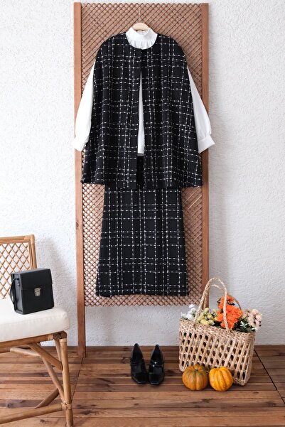KÜÇÜĞÜM BUTİK Дамски черен туид пончо - комплект с пола (PONCHO-SKIRT)