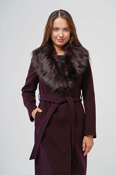 Olcay Μακρύ παλτό με αποσπώμενη γούνα και δεμένη μέση MÜRDÜM 3804