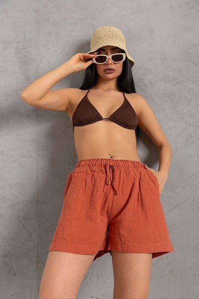 Maule Bequem geschnittene, ziegelfarbene Damen-Shorts aus 100 % Baumwoll-Musselin – Schnürung und elastische Tasche @las Palmas