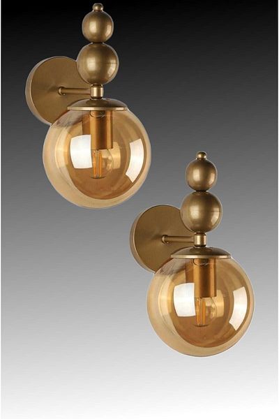Ömür Avize Bolivia 2-Piece Antique Gold Honey Glass Wall Sconce (Not Battery Operated)