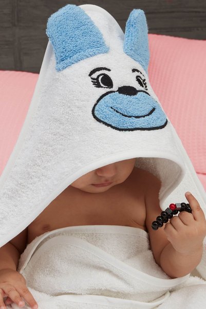 Mislina Home Pupy Bear Cotton Hooded Girl-Boy Newborn Baby Swaddle Towel Embroidered White 100X100Cm